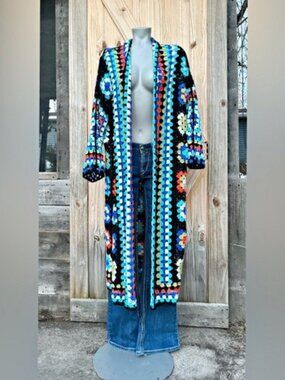 Vintage Style Long Granny Square Crochet Multicolor Boho Duster Cardigan~OS~